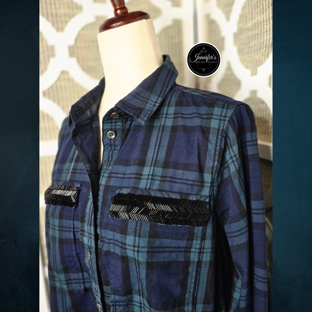 J. Crew Women's Navy/Green/Black Plaid Chevron Beaded Popover Tunic Top Size 10 - Picture 2 of 12